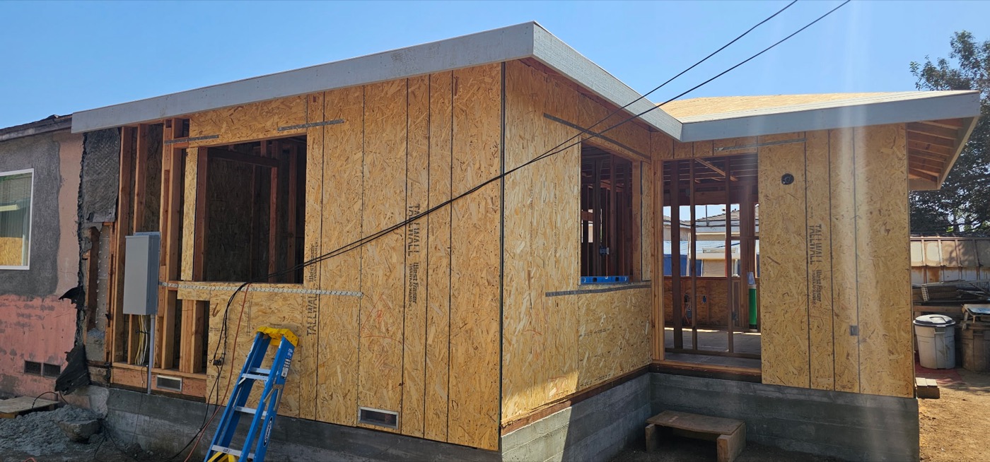 New home construction with OSB sheathing and wood framing