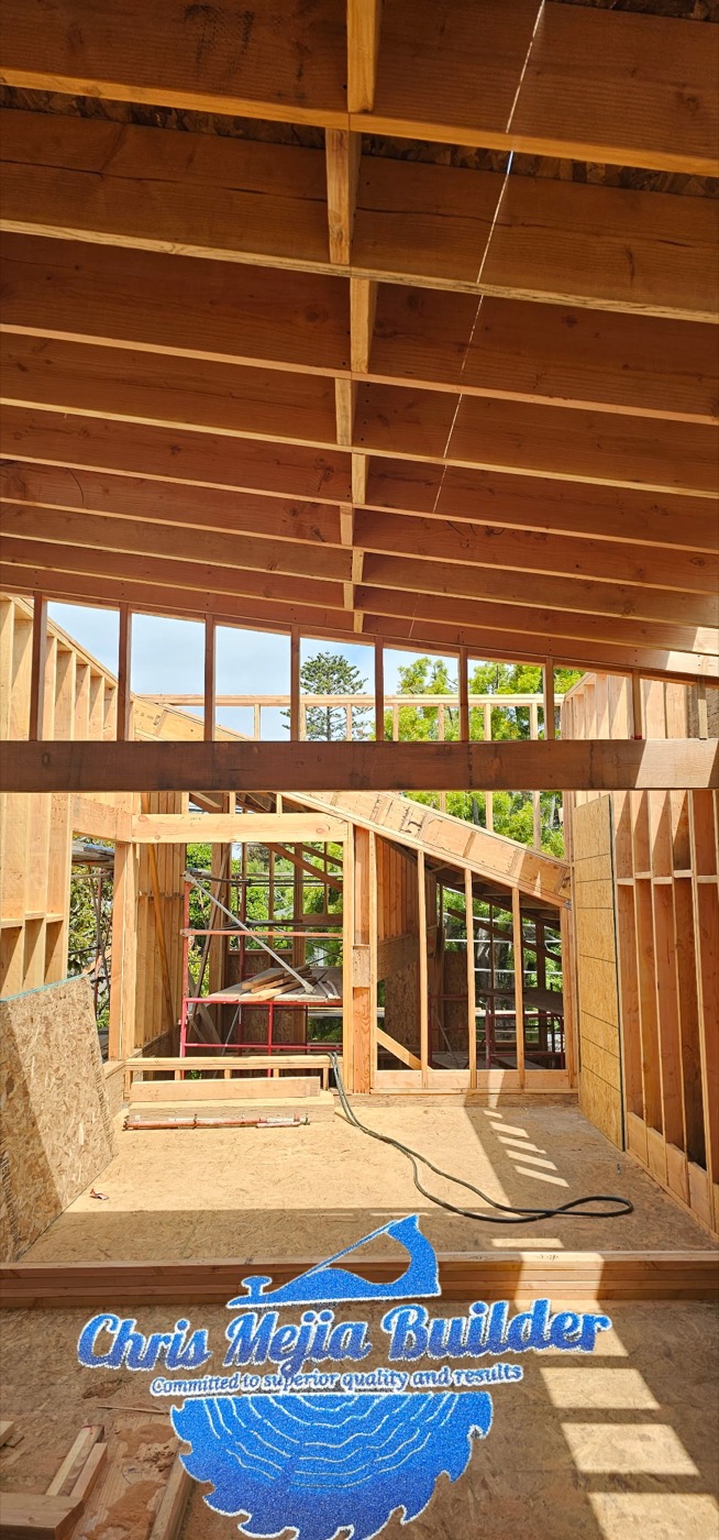 Interior framing of a new custom home — cathedral ceiling